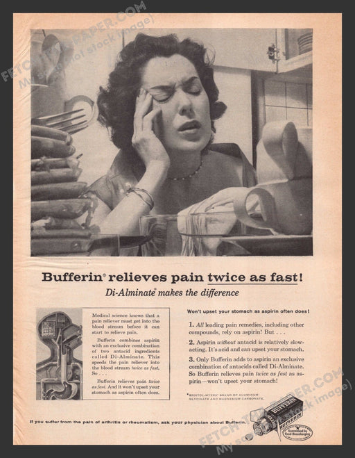 1958 Print Advertisement Bufferin Aspirin Di-Alminate Medicine Ad.