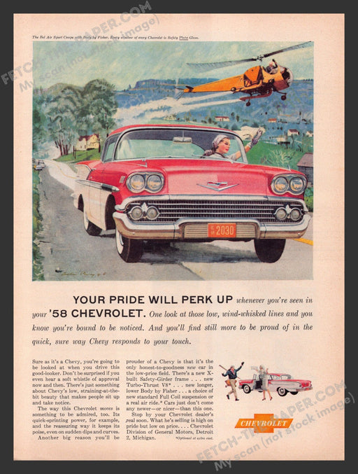 1958 Print Advertisement Chevrolet Bel Air Sport Coupe Car & Helicopter Ad.