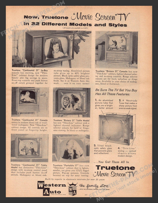 1958 Print Advertisement Western Auto Truetone "Movie Screen" T.V. Appliance Ad.