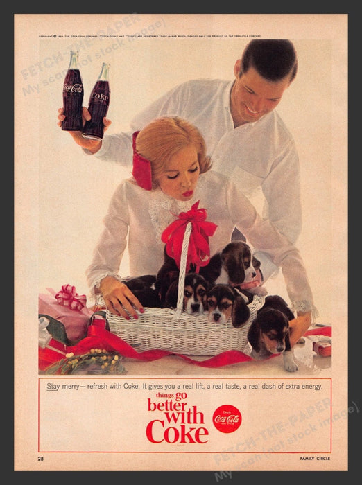 1964 Coca Cola Coke Couple Beagle Puppies Print Advertisement Ad