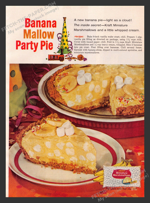 1965 Print Advertisement Kraft Marshmallows Banana Mallow Party Pie Recipe Ad.