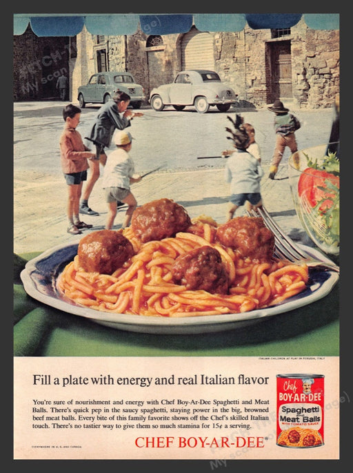 1964 Chef Boy-ar-dee Italian Street Kids Spaghetti & Meat Balls Print Ad