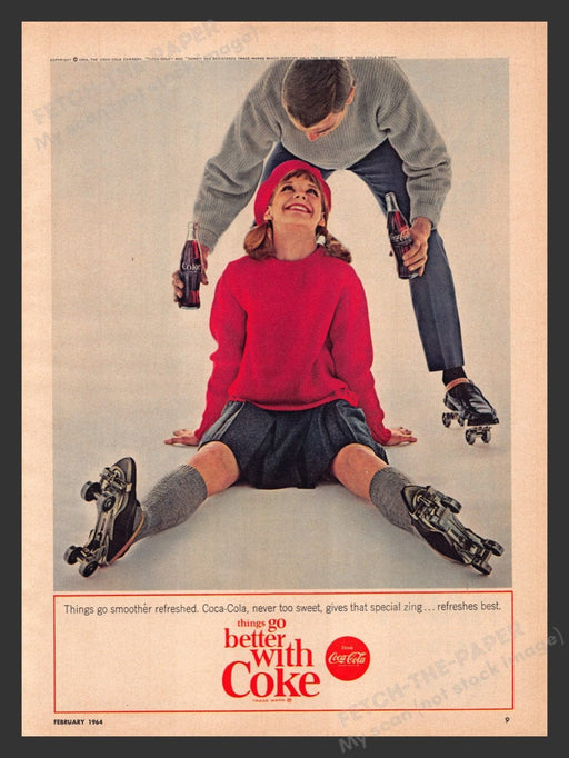 1964 Coke Roller Skating Couple Fell Print Advertisement Ad
