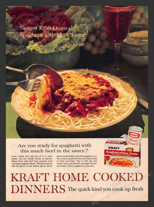 1964 Kraft Home Cooked Dinners Spaghetti & Meat Sauce Print Advertisement Ad