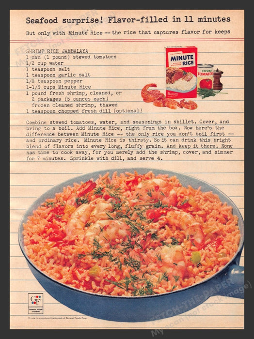 1964 Minute Rice & Tomatoes "Shrimp Rice Jambalaya" Recipe Print Ad