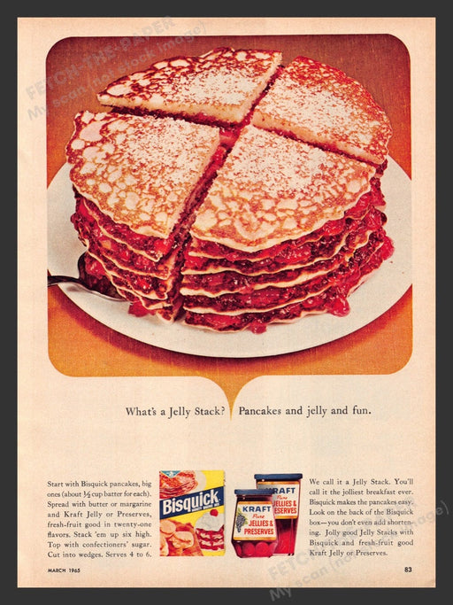 1965 Bisquick & Kraft Jelly "Jelly Stack" Pancake Recipe Print Advertisement Ad