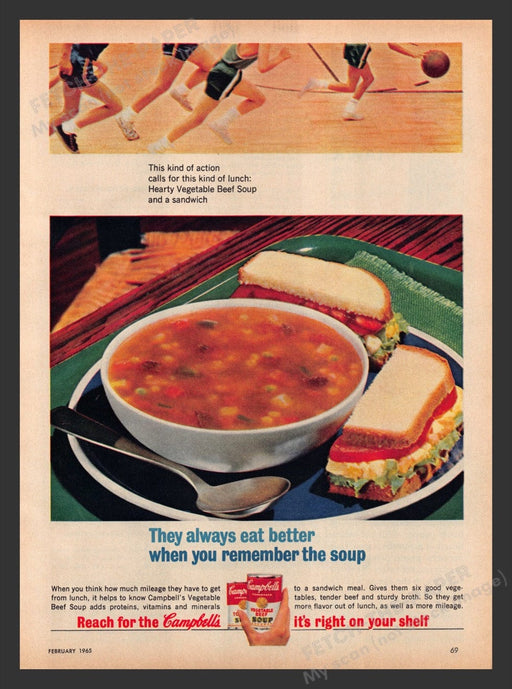 1965 Campbell's Vegetable Beef Soup Kids Playing Basketball Print Ad