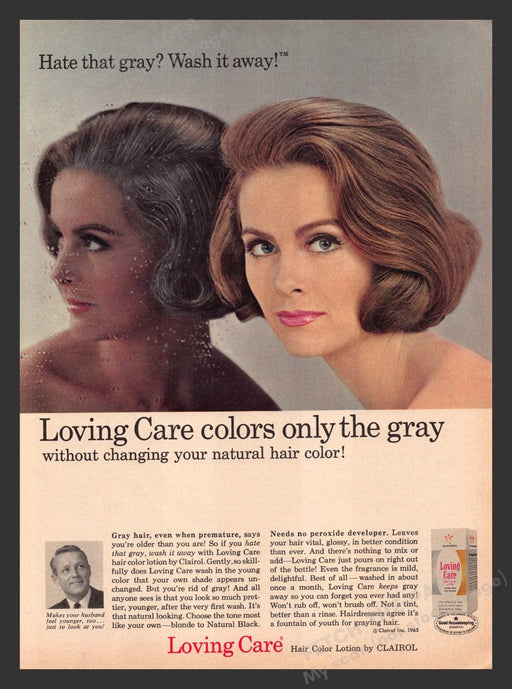 1965 Clairol Loving Care Hair Color Lotion Gray Print Advertisement Ad