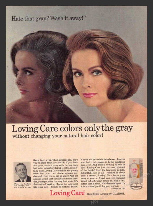 1965 Clairol Loving Care Hair Color Lotion Gray Print Advertisement Ad
