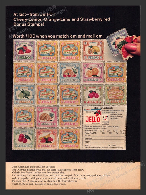 1965 Jell-O Bonus Stamps Match'em Mail'em Print Advertisement Ad