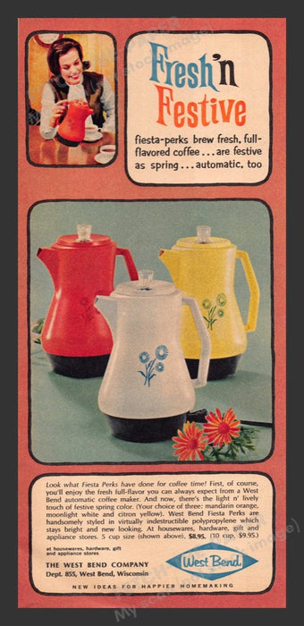 1965 West Bend "Fresh 'n Festive" Coffee Brew Pitcher Print Advertisement Ad