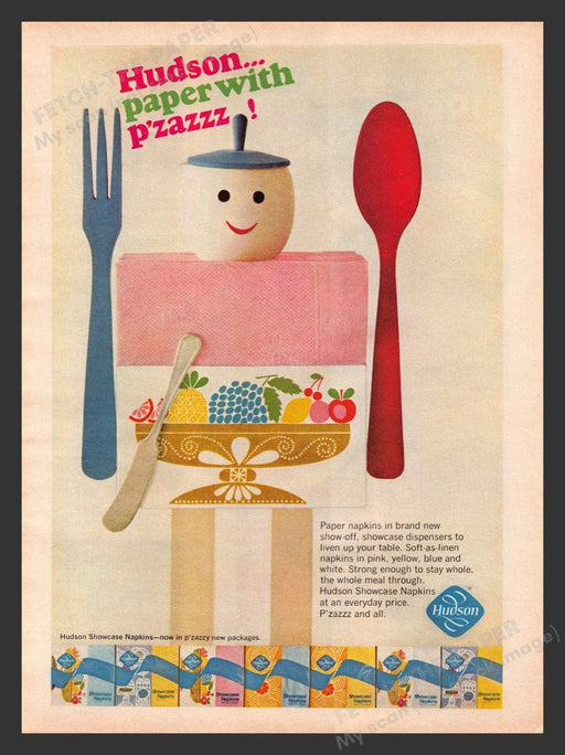 1966 Hudson Paper Napkins with P'zazzz! Color Print Advertisement Ad