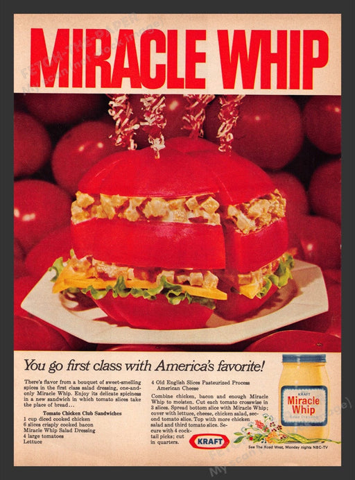 1966 Kraft Miracle Whip "Tomato Chicken Club Sandwich" Recipe Print Ad