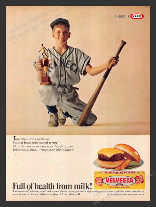 1966 Velveeta Cheese Boy Baseball Print Advertisement Ad