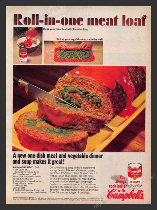 1967 Campbell's Tomato Soup "Roll-in-one Meat Loaf" Recipe Print Ad