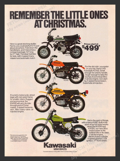 1978 Christmas Kawasaki Mini Bikes Lineup Print Advertisement Ad
