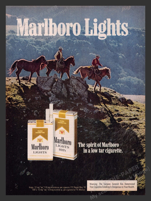 1979 Marlboro Lights Cigarettes Cowboys Rocky Bluff Print Advertisement Ad