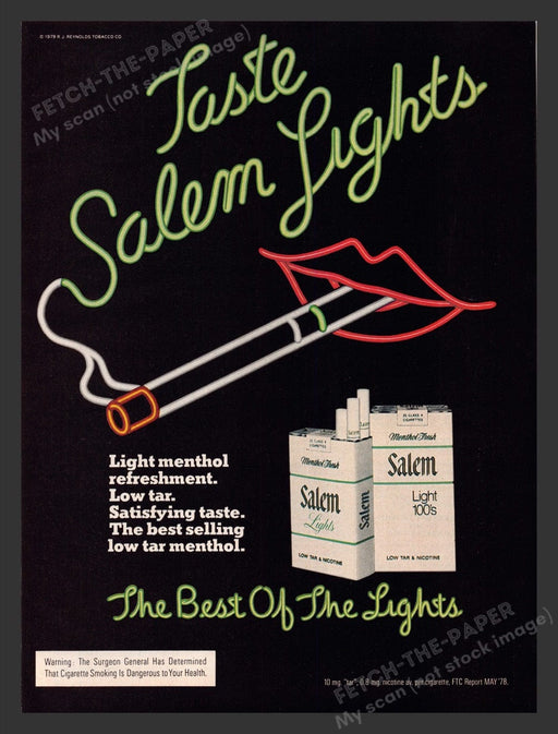 1979 Salem Lights Cigarettes Neon Lips Print Advertisement Ad