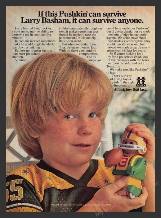 1979 Tomy Pushkin Football Toy Larry Basham Print Advertisement Ad