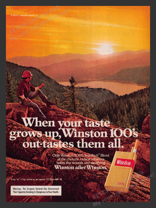 1979 Winston 100's Cigarettes Lumberjack Smoke Break Print Advertisement Ad