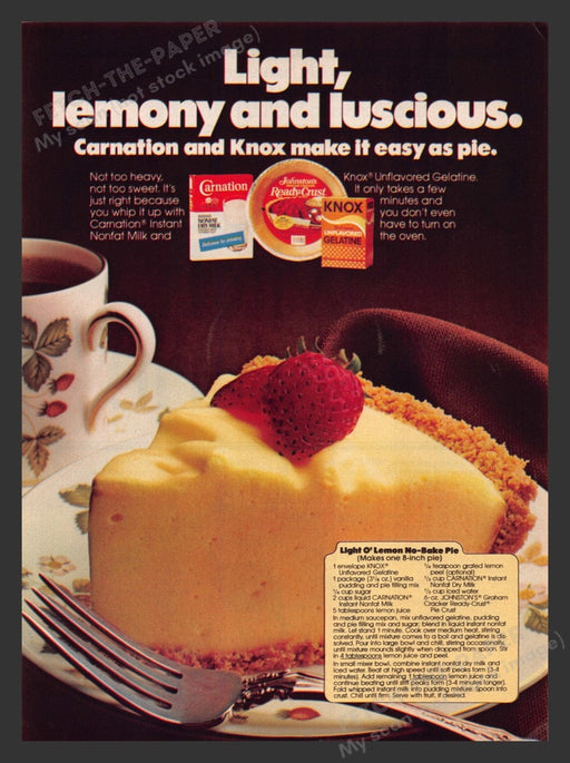1980 Carnation, Knox & Johnston's Crust "Lemon No-Bake Pie" Recipe Print Ad
