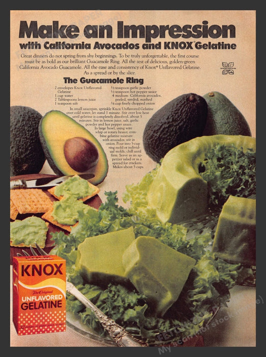 1980 Knox Gelatine "The Guacamole Ring" Recipe Print Advertisement Ad