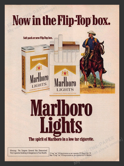 1980 Marlboro Lights Cigarettes Cowboy Flip-Top Box Print Advertisement Ad