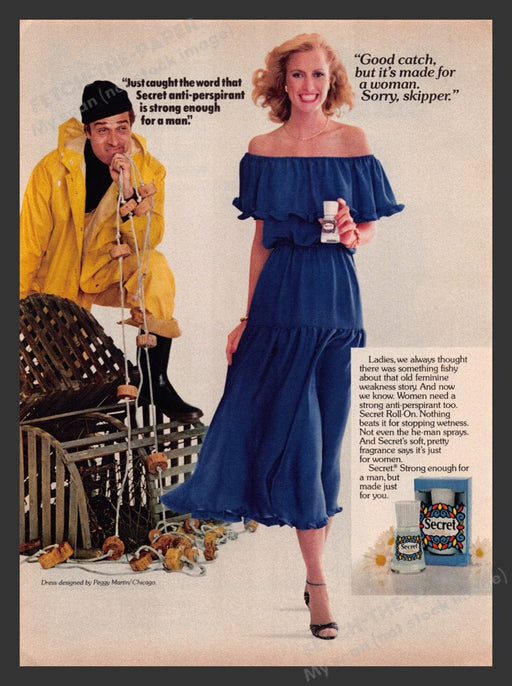 1980 Secret Deodorant "Good Catch" Blonde w/ Fisherman Print Advertisement Ad