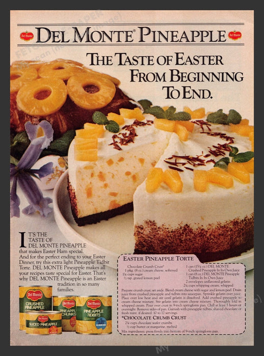 1982 Del Monte "Easter Pineapple Torte" Recipe Print Advertisement Ad