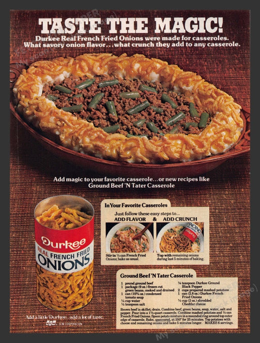 1983 Durkee French Fried Onions "Ground Beef 'n Tater Casserole" Recipe Print Ad