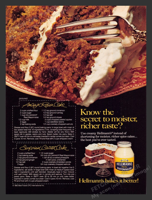 1983 Hellmann's Mayonnaise Raisin & Carrot Cake Recipes Print Ad