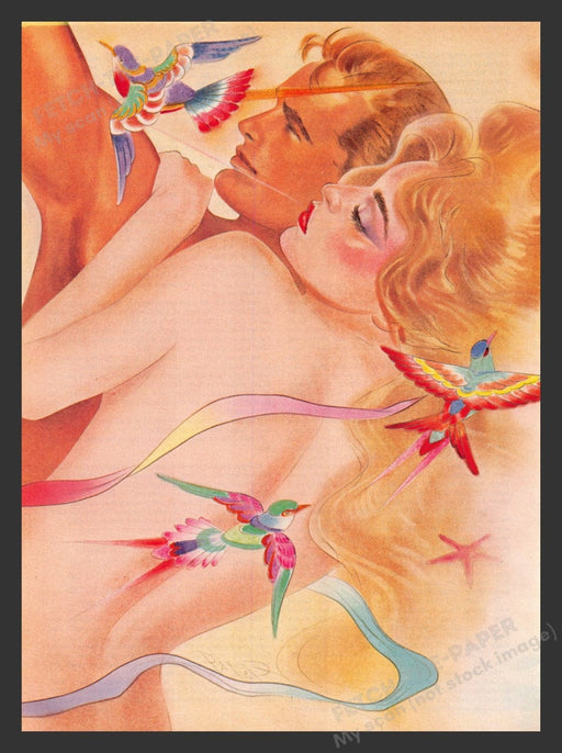 1983 Naked Couple & Colorful Birds Magazine Illustration