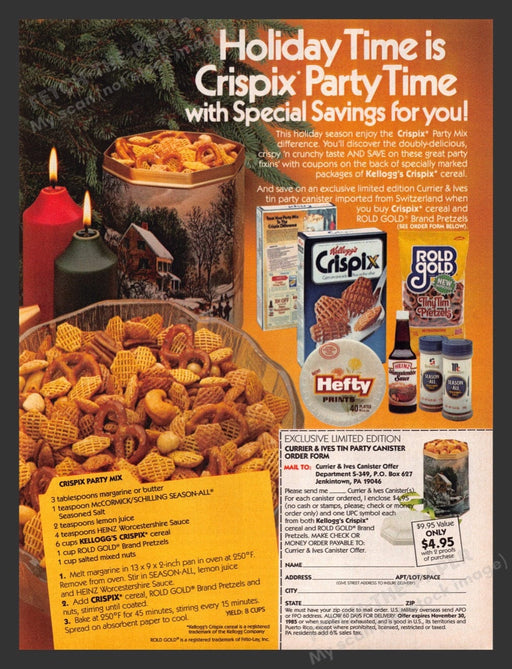 1984 Kellogg's "Crispix Party Mix" Recipe Print Advertisement Ad