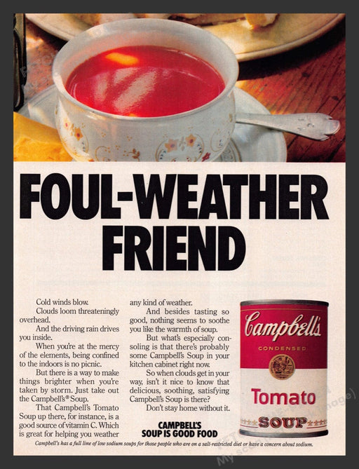 1985 Campbell's Tomato Soup "Foul-weather friend" Print Advertisement Ad