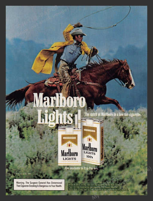 1985 Marlboro Lights Cigarettes Roping Cowboy Gallop Print Advertisement Ad