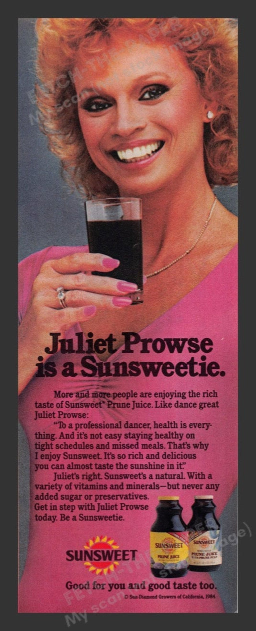 1985 Sunsweet Prune Juice Juliet Prowse Print Advertisement Ad
