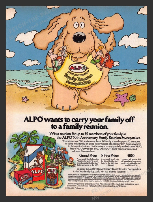 1986 Alp Dog Food 50th Anniversary Reunion Sweepstakes Print Advertisement Ad