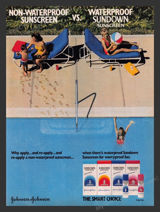 1986 Johnson & Johnson Sundown Sunscreen Print Advertisement Ad