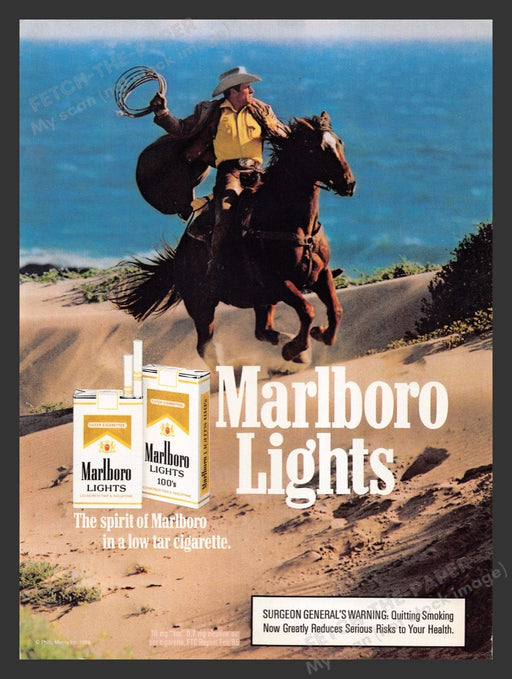 1986 Marlboro Lights Cigarettes Cowboy Riding Sand Dunes Print Advertisement Ad