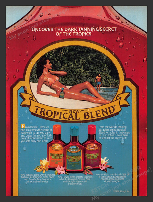 1986 Tropical Blend Tanning Oil Sexy Girl on Beach Print Advertisement Ad