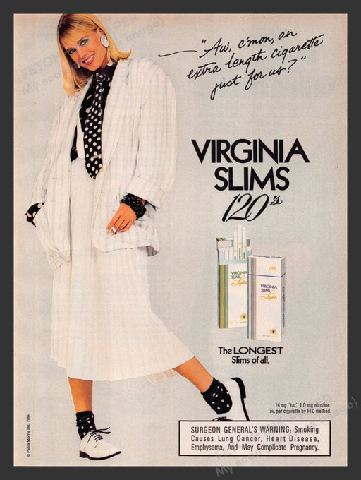 1986 Virginia Slims 120's Cigarettes Longest Print Advertisement Ad