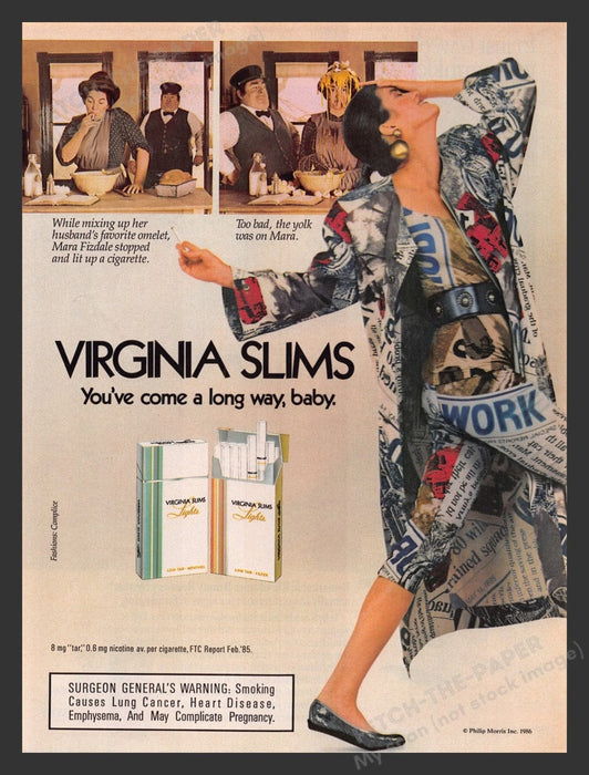 1986 Virginia Slims Cigarettes "You've Come a Long Way Baby" Print Ad