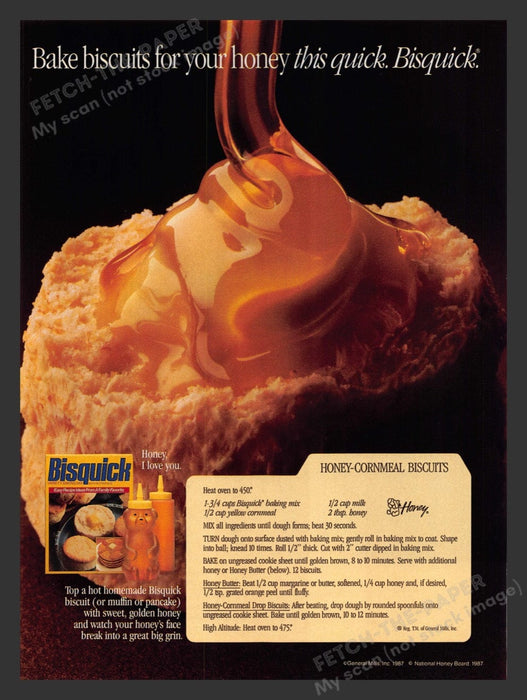 1987 Bisquick "Honey-Cornmeal Biscuits" Recipe Print Advertisement Ad