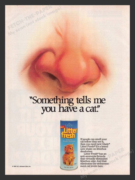 1987 Glade Litter Fresh "Big Nose" No Cat Smell Print Advertisement Ad