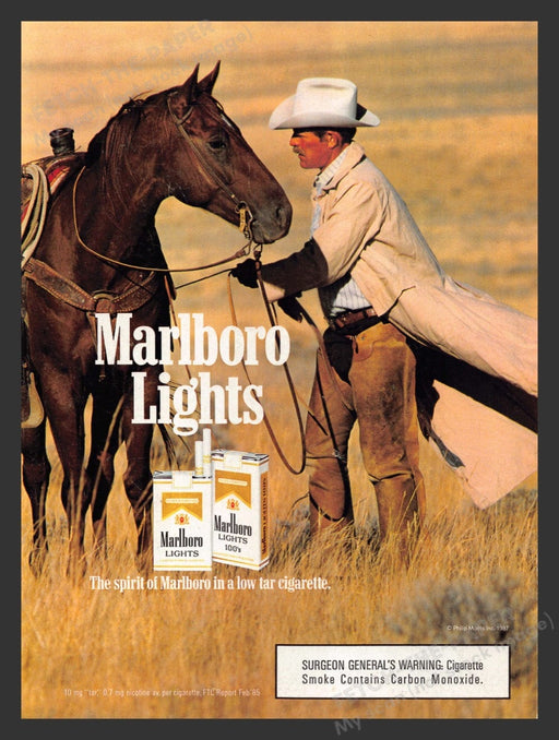 1987 Marlboro Lights Cigarettes Cowboy & Horse Print Advertisement Ad