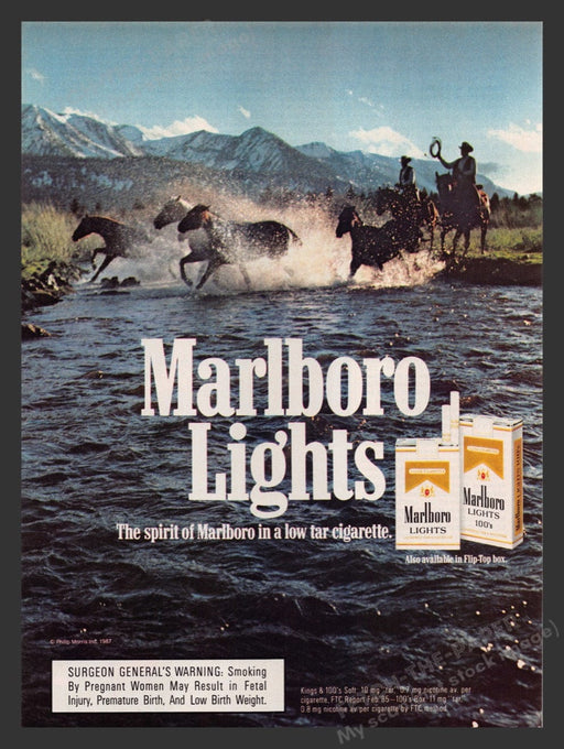 1987 Marlboro Lights Cigarettes Crossing Stream Print Advertisement Ad