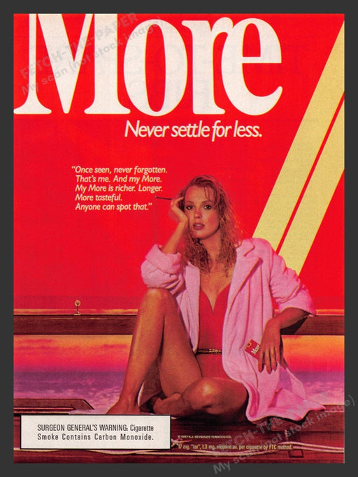 1987 More Cigarettes Blonde Beauty in Swimsuit Print Advertisement Ad