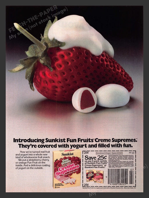 1987 Sunkist Fun Fruits Creme Supremes Yogurt Snacks Print Advertisement Ad