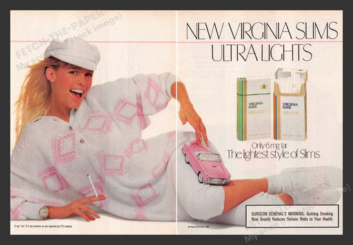 1987 Virginia Slims Ultra Lights Cigarettes Pink Cadillac Print Ad (2 Pages)