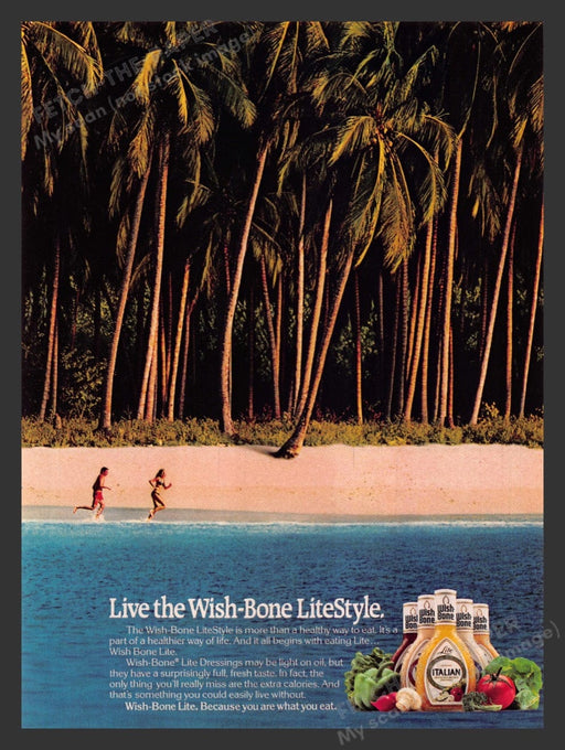 1987 Wish-bone Dressing Beach Palm Trees Running Couple Print Advertisement Ad